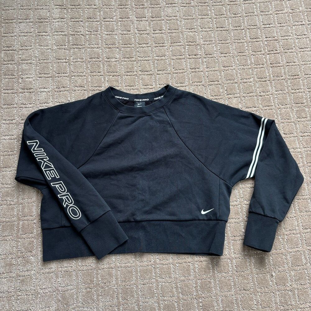 Nike Pro Dri-Fit Cropped Sweatshirt Women's S Black Casual Crew Spellout Travel